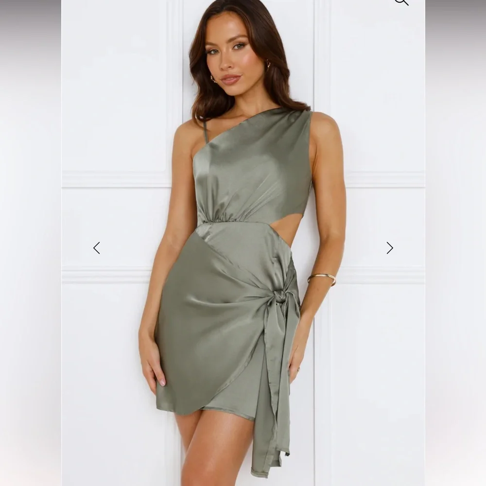 Hello Molly Asymmetrical Satin Dress in Olive - Picture 4 of 7